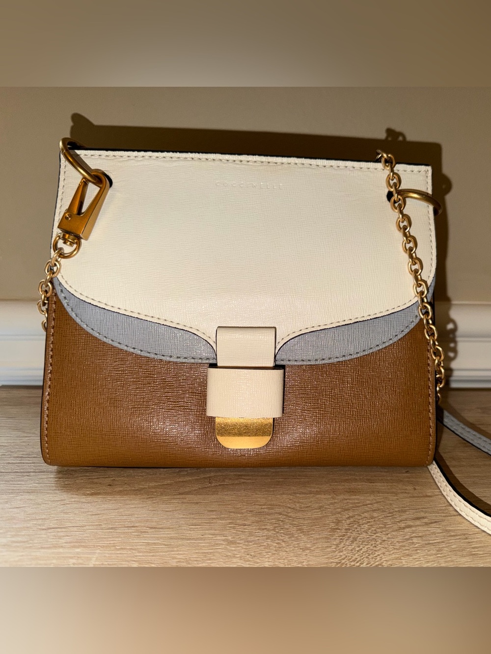 Coccinelle Tri-Color Leather Crossbody Bag — Brown, Cream & Gray